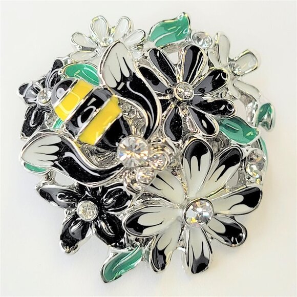PETALS and Bee Stretch Ring Enamel Multi Dimensional White Black Stretch Band - Picture 2 of 11